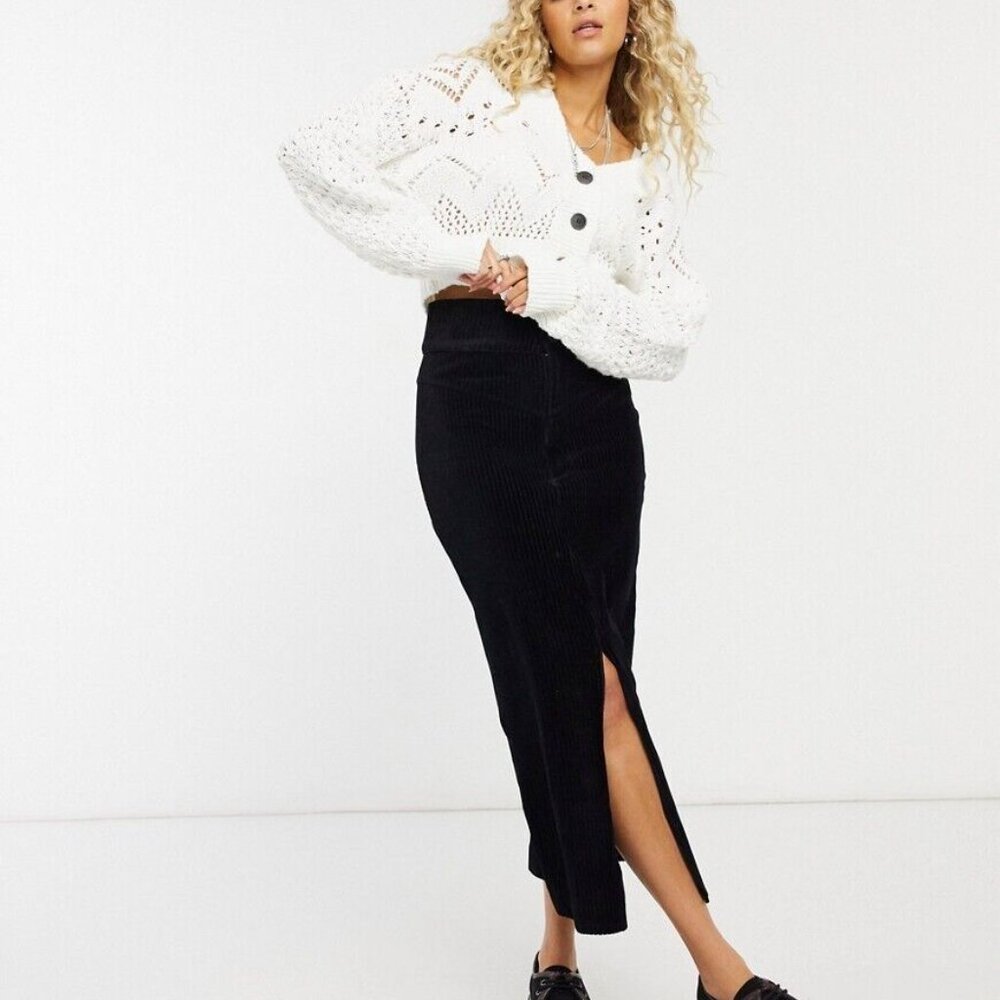 Free People Roxy Black Ribbed Knit Velour Front Slit Women M Stretch Maxi Skirt